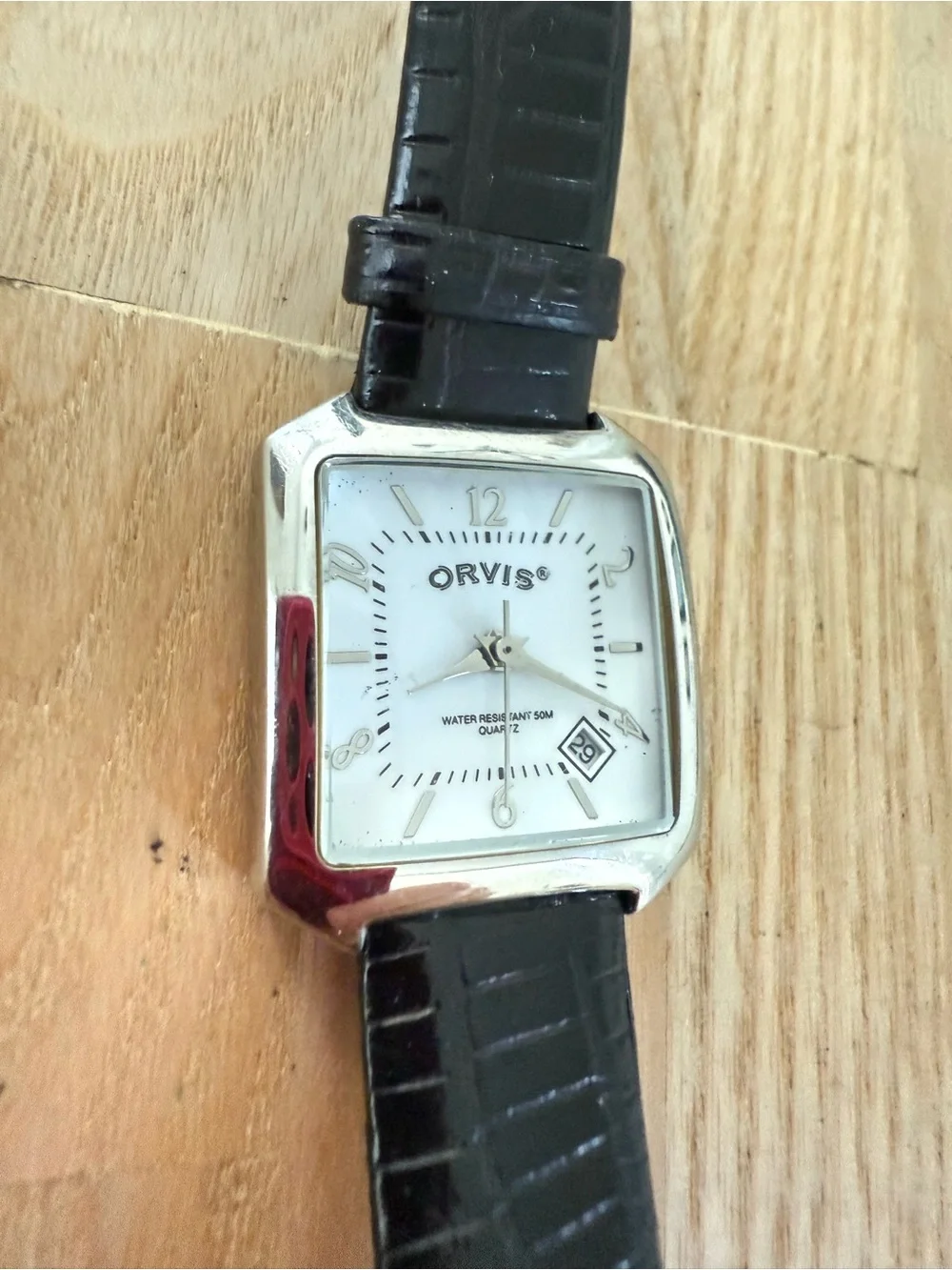 Orvis ladies silver tone black leather watch NEW BATTERY